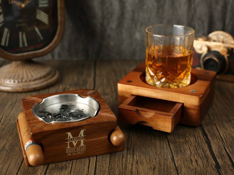 Personalized Whiskey & Cigar Tray Glass Holder Ashtray Whiskey, 2 in 1 Wooden Cigar Ashtray With Whiskey Glass Holder, Great Gifts for Men