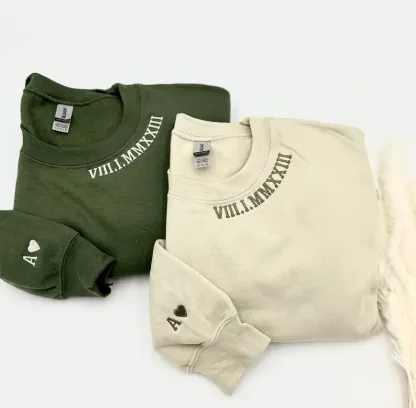 Custom Neckline Embroidered Roman Numeral Sweatshirt , Anniversary Couple Gift