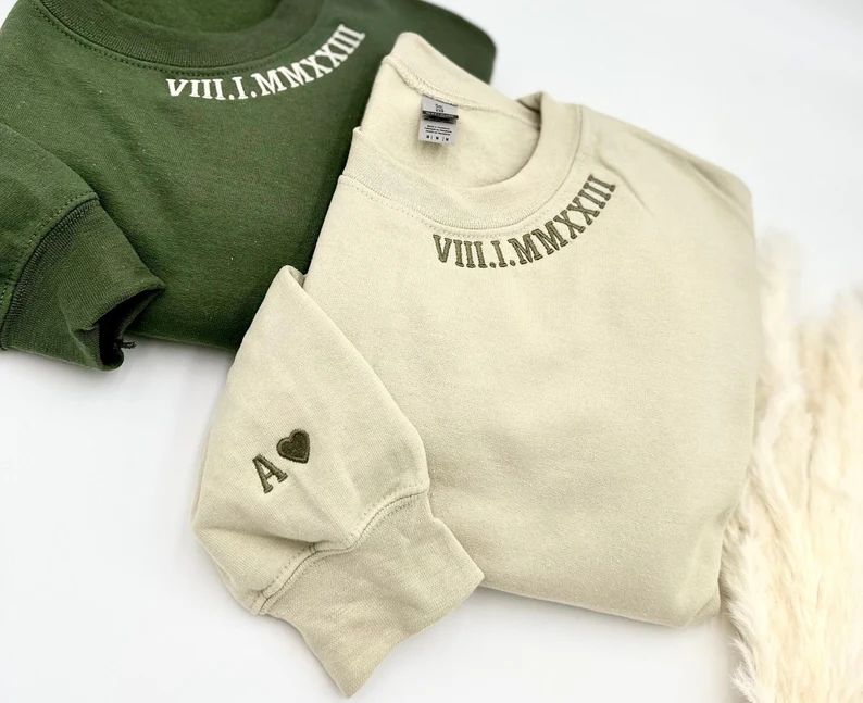 Custom Neckline Embroidered Roman Numeral Sweatshirt , Anniversary Couple Gift