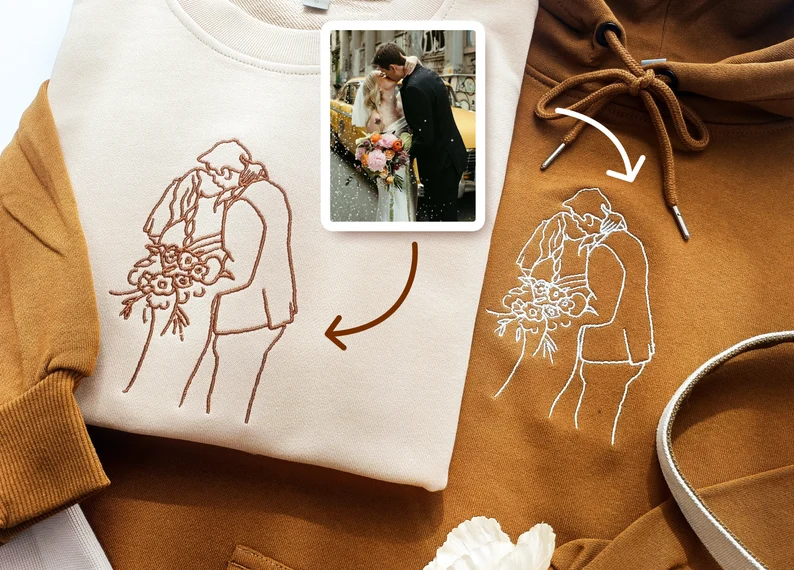 Forlovever Custom Couple Photo Outline Embroidered T-Shirt Sweatshirt Hoodie