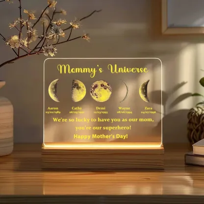 Led Light Wood Base with text and date - Mummy's Universe