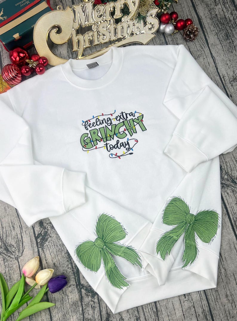 Feeling extra Gr!nchy today Side Bow Cut-Out embroidered Sweatshirt, Plaid Christmas Pullover,Trendy Coquette Bow, Side Bow Xmas Sweatshirt