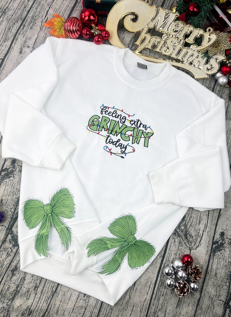 Feeling extra Gr!nchy today Side Bow Cut-Out embroidered Sweatshirt, Plaid Christmas Pullover,Trendy Coquette Bow, Side Bow Xmas Sweatshirt