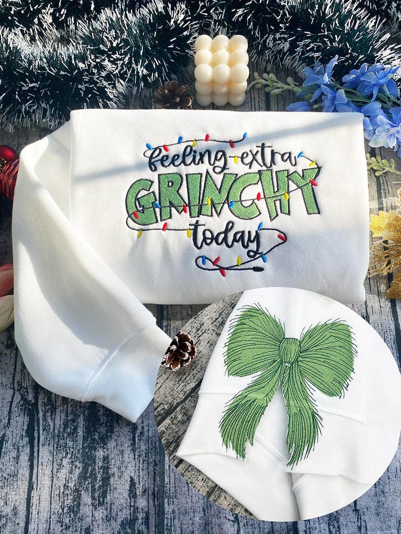 Feeling extra Gr!nchy today Side Bow Cut-Out embroidered Sweatshirt, Plaid Christmas Pullover,Trendy Coquette Bow, Side Bow Xmas Sweatshirt
