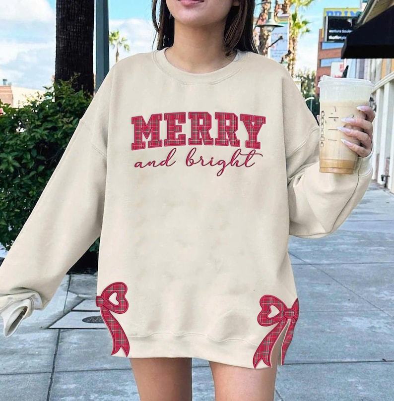 Merry and Bright Embroidered Bow Sweatshirt, Side Bow Applique Sweatshirt, Trendy Coquette Bow, Side Bow Applique Sweatshirt Christmas