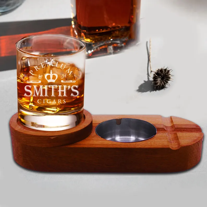 Cigar Tray and Whiskey Glass Holder - Personalized Wood Ashtray and Custom Bourbon Glass Holder Gift Set
