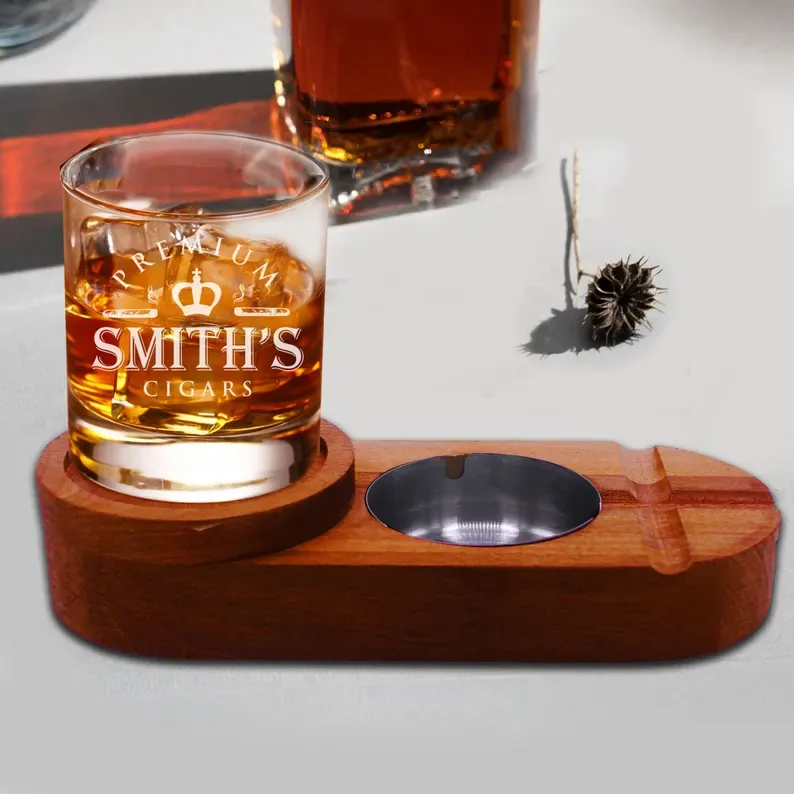 Cigar Tray and Whiskey Glass Holder - Personalized Wood Ashtray and Custom Bourbon Glass Holder Gift Set