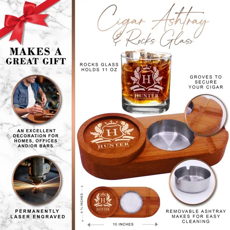 Cigar Tray and Whiskey Glass Holder - Personalized Wood Ashtray and Custom Bourbon Glass Holder Gift Set
