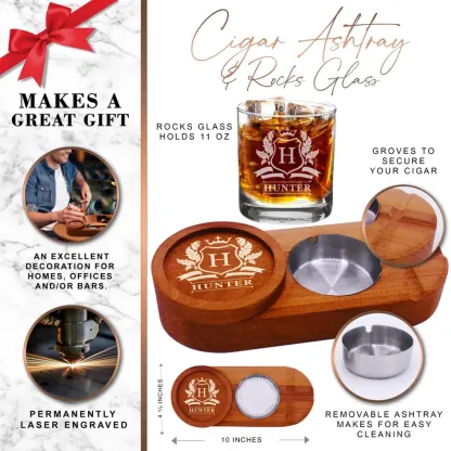 Cigar Tray and Whiskey Glass Holder - Personalized Wood Ashtray and Custom Bourbon Glass Holder Gift Set