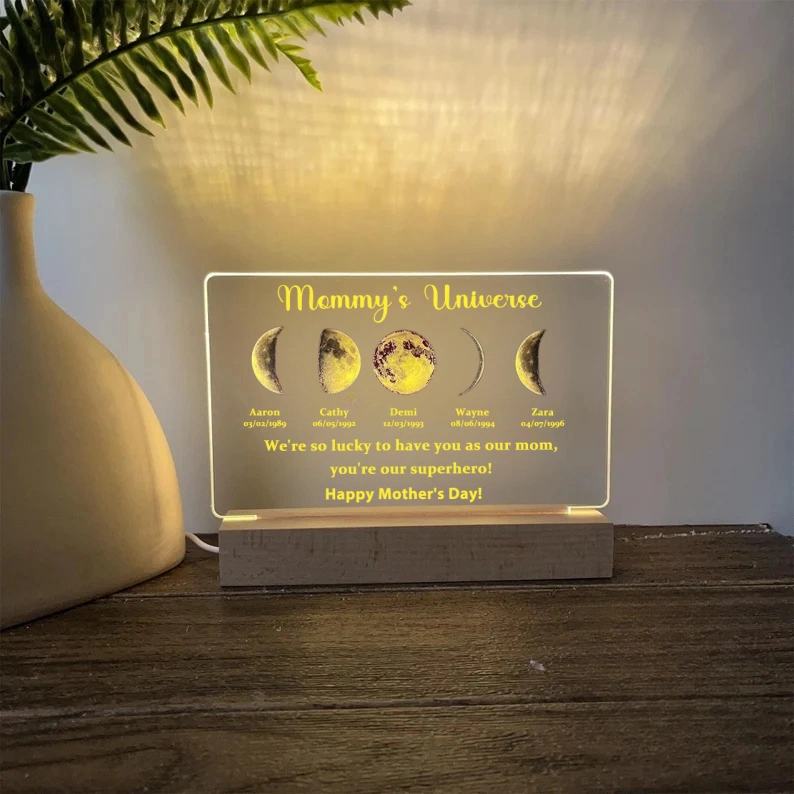 Led Light Wood Base with text and date - Mummy's Universe