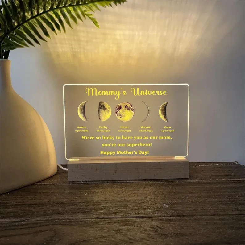 Led Light Wood Base with text and date - Mummy's Universe