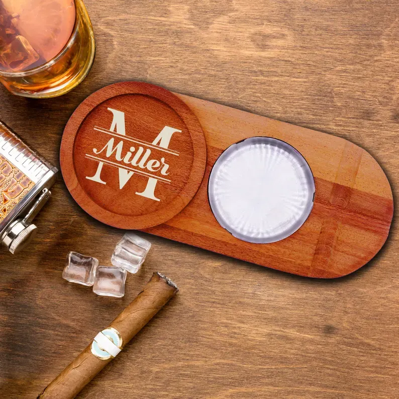 Cigar Tray and Whiskey Glass Holder - Personalized Wood Ashtray and Cu
