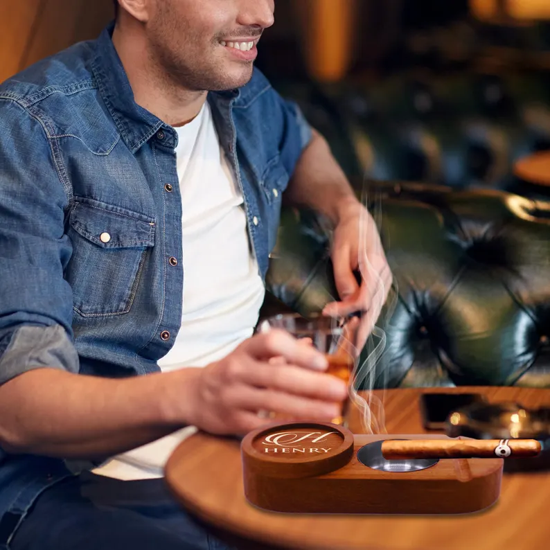 Cigar Tray and Whiskey Glass Holder - Personalized Wood Ashtray and Custom Bourbon Glass Holder Gift Set