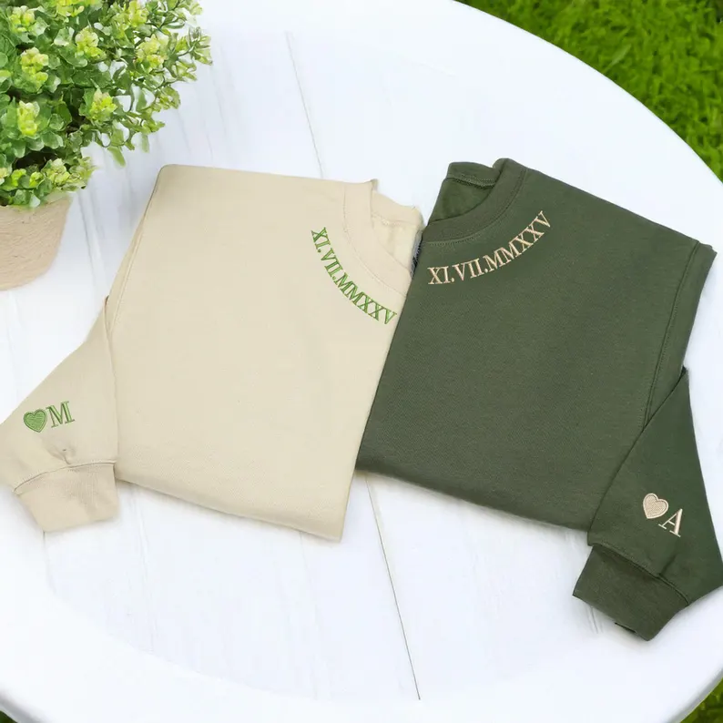 Custom Neckline Embroidered Roman Numeral Sweatshirt , Anniversary Couple Gift