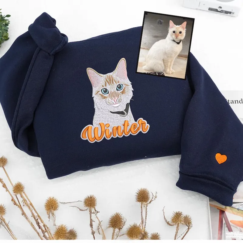 Custom Cat Portrait Embroidered Sweatshirt,Cat Mom Hoodie,Dog Mom Hoodie