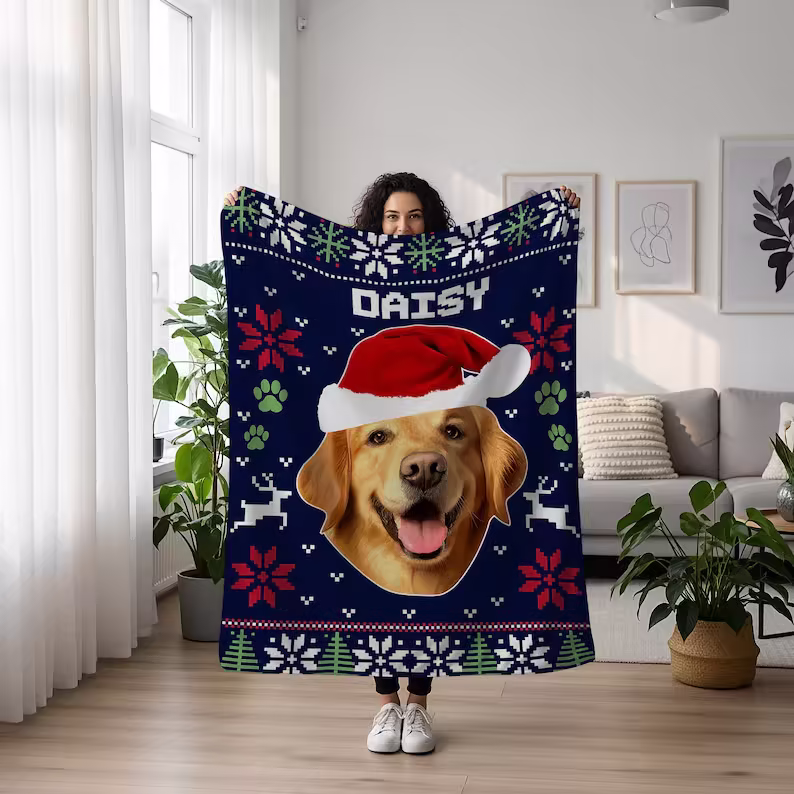 Custom Pet Photo Blanket, Personalized Dog Christmas Blanket with Name