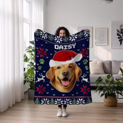 Custom Pet Photo Blanket, Personalized Dog Christmas Blanket with Name