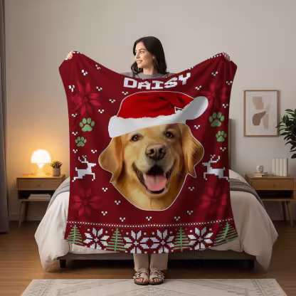 Custom Pet Photo Blanket, Personalized Dog Christmas Blanket with Name