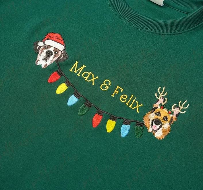 Custom 2 Pets Portrait and Christmas String Lights Embroidered Sweatshirt, Hoodie, T-shirt-forlovever