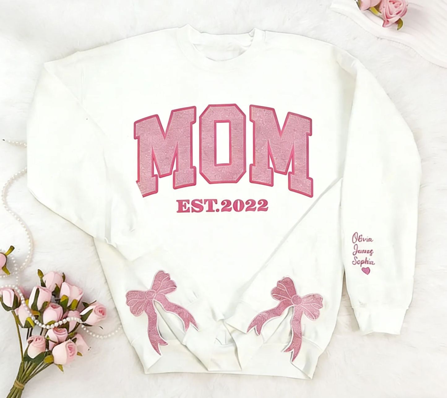 Custom Mom Est. Year Sweatshirt with Glitter Side Bow - Heartfelt Mother's Day Gift for Mom & Grandma