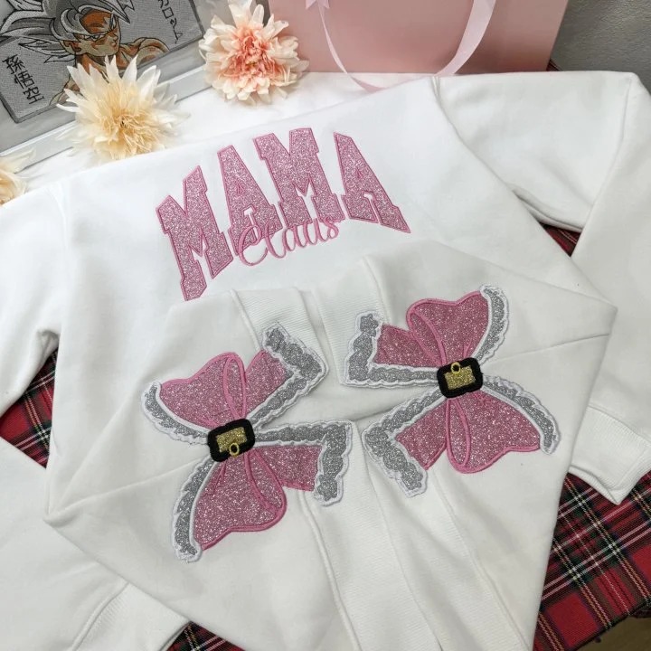 Custom Mama Claus Embroidered Glitter Side Bow Sweatshirt