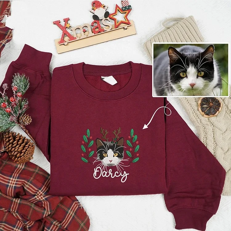 Custom Christmas Fruit Wreath Pet Portrait Embroidered Sweatshirt, Hoodie, T-Shirt-forlovever