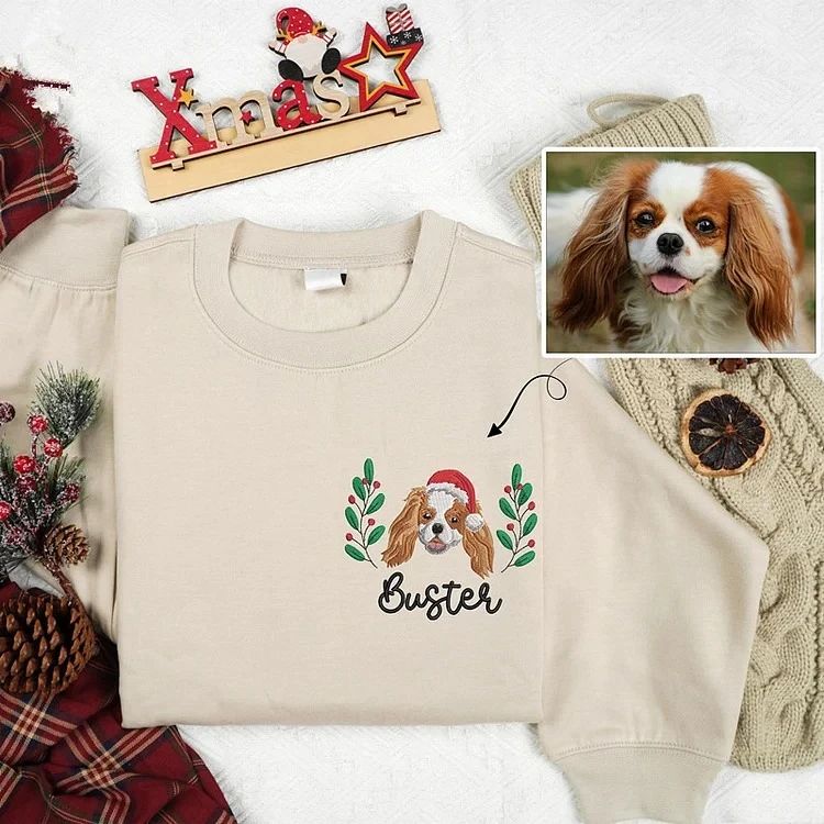 Custom Christmas Fruit Wreath Pet Portrait Embroidered Sweatshirt, Hoodie, T-Shirt-forlovever