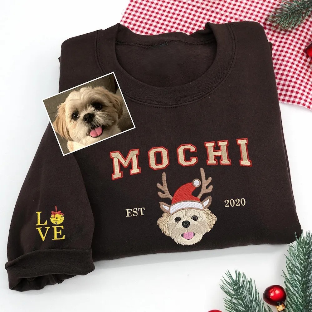 Customized Christmas Preppy-Style Embroidered Pet Portrait Sweatshirt, Hoodie, T-Shirt