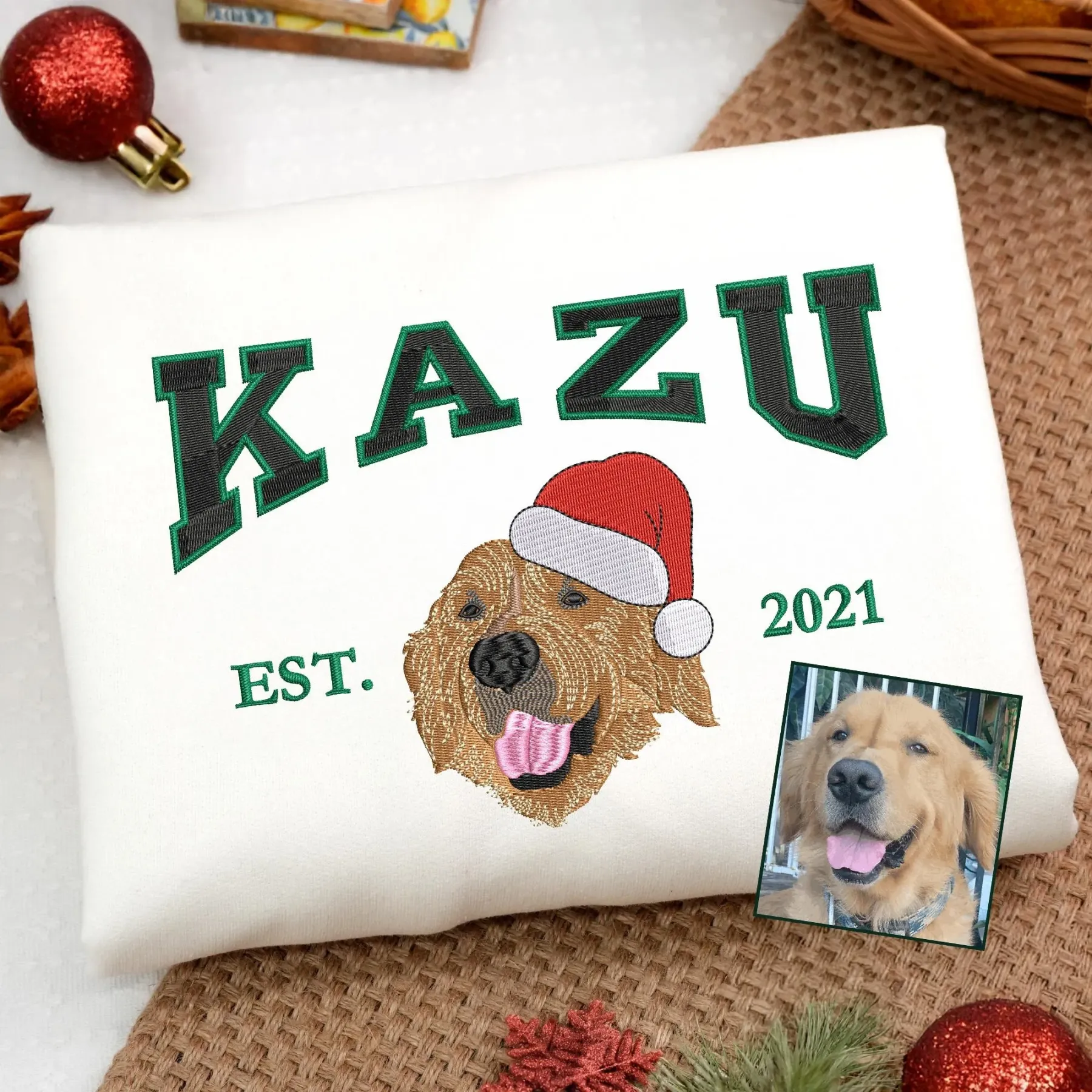 Customized Christmas Preppy-Style Embroidered Pet Portrait Sweatshirt, Hoodie, T-Shirt-forlovever