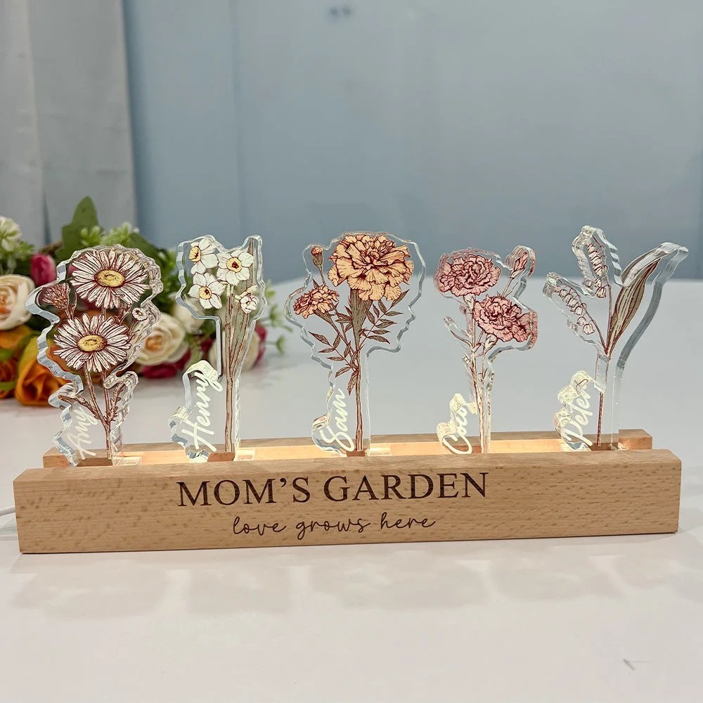 Custom Birth Flower 3D Crystal Acrylic LED Light With Children's Names