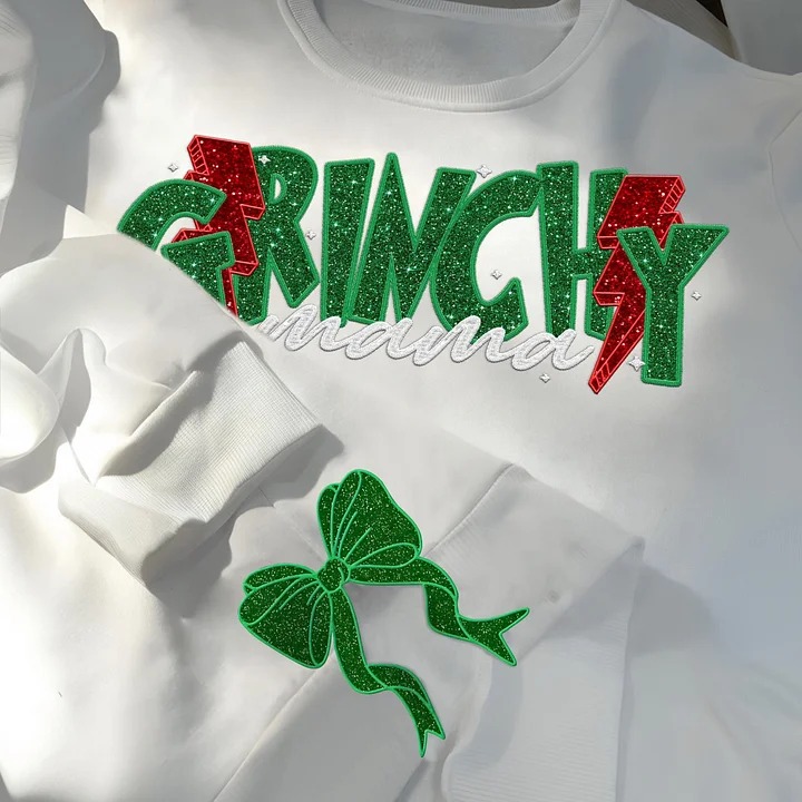 Custom Embroidered Glitter Side Bow Cut-Out Grinchy Christmas Mama Sweatshirt