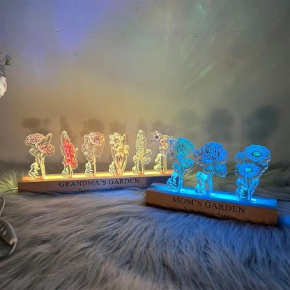 Custom Birth Flower 3D Crystal Acrylic LED Light With Children's Names