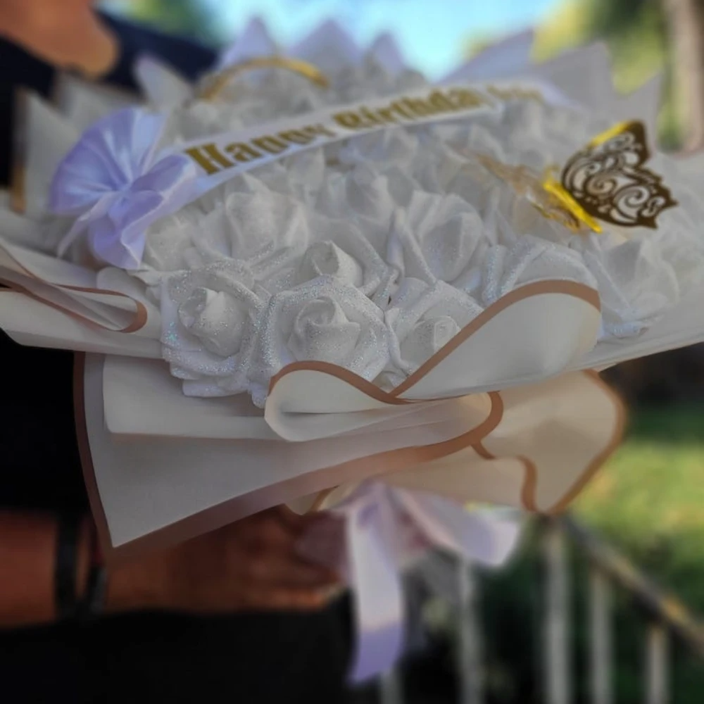 White Glitter Rose Bouquet-Couple Glitter Everlasting Rose Bouquet (Never Wither)