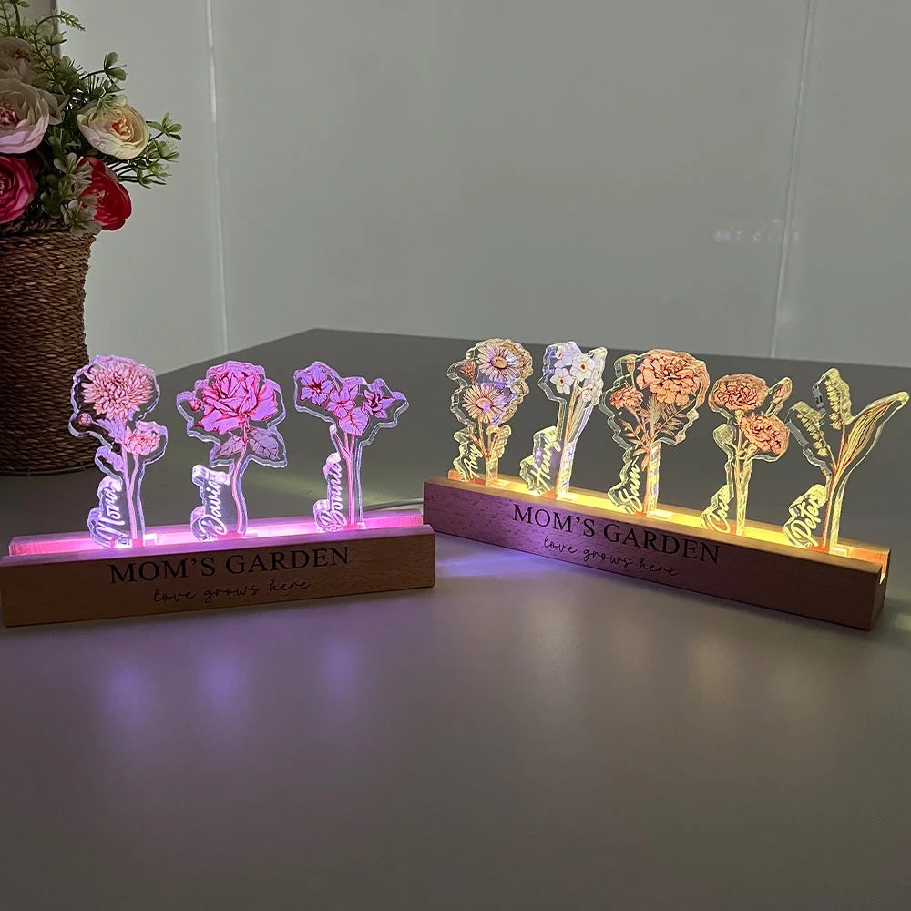 Custom Birth Flower 3D Crystal Acrylic LED Light With Children's Names