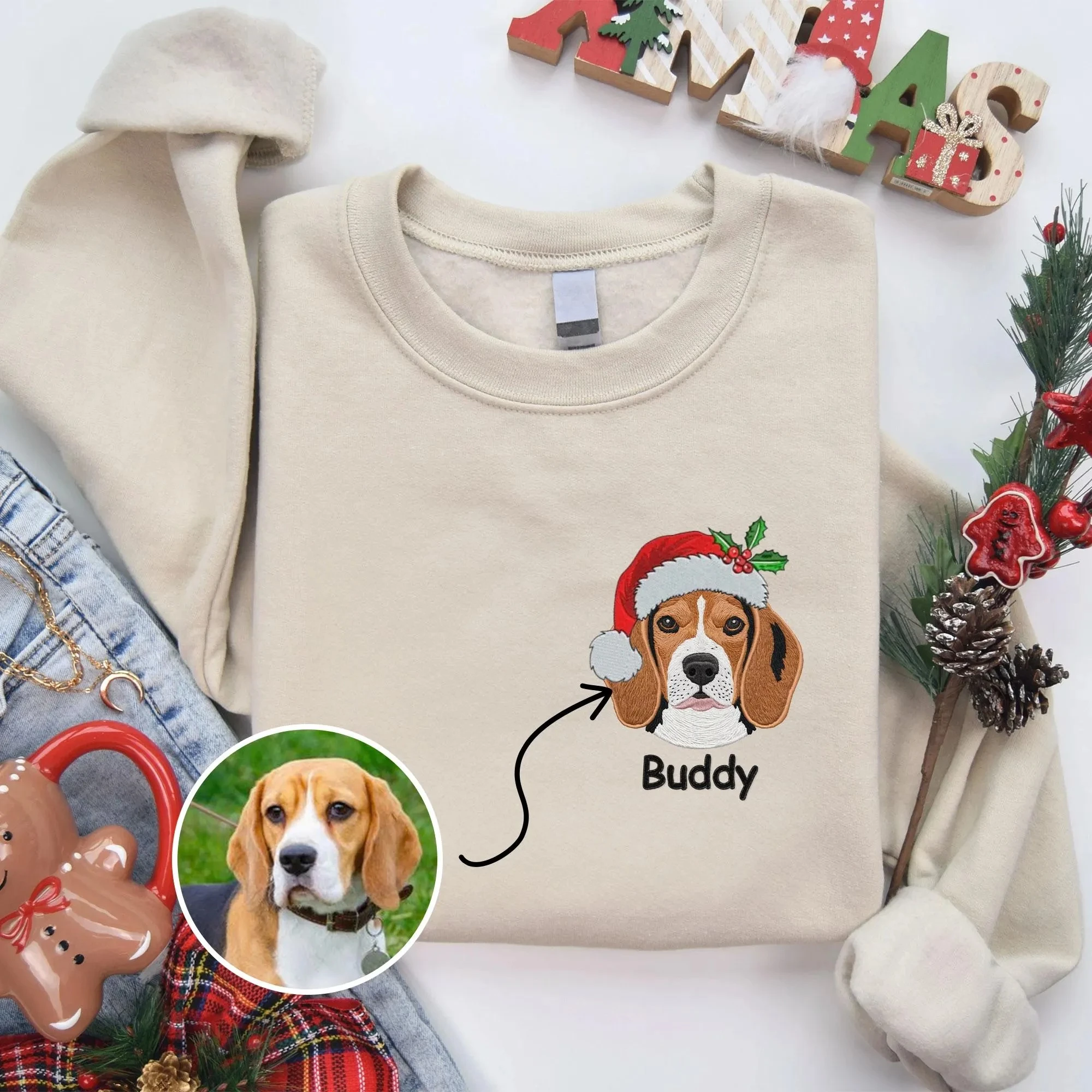 Custom Christmas Pet Portrait Embroidered Sweatshirt-forlovever