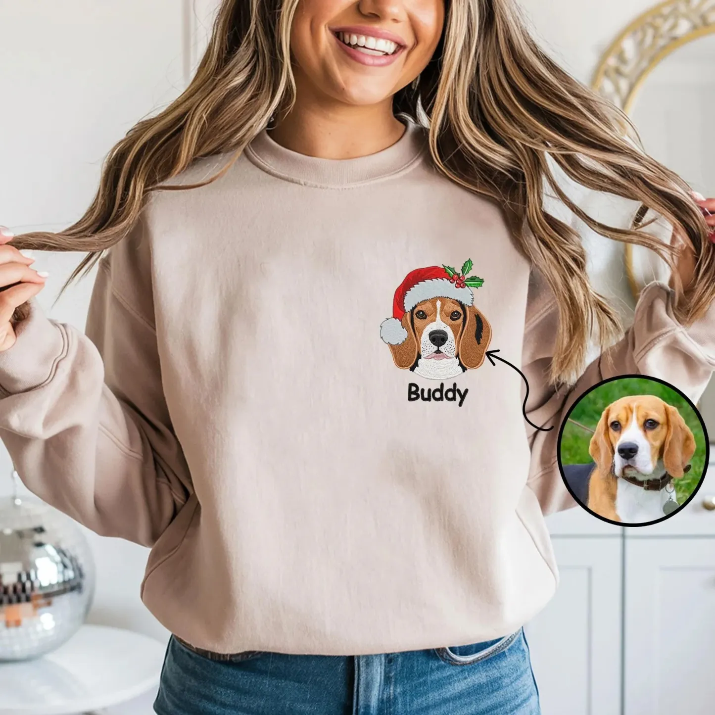 Custom Christmas Pet Portrait Embroidered Sweatshirt-forlovever