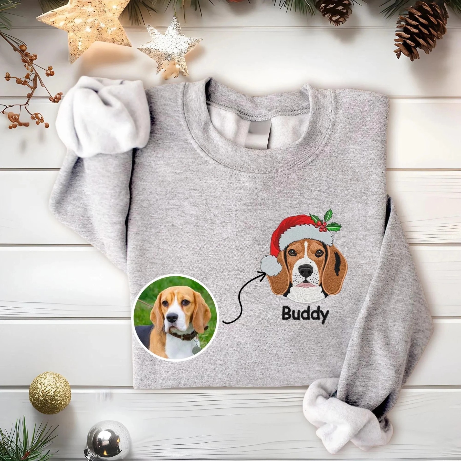 Custom Christmas Pet Portrait Embroidered Sweatshirt