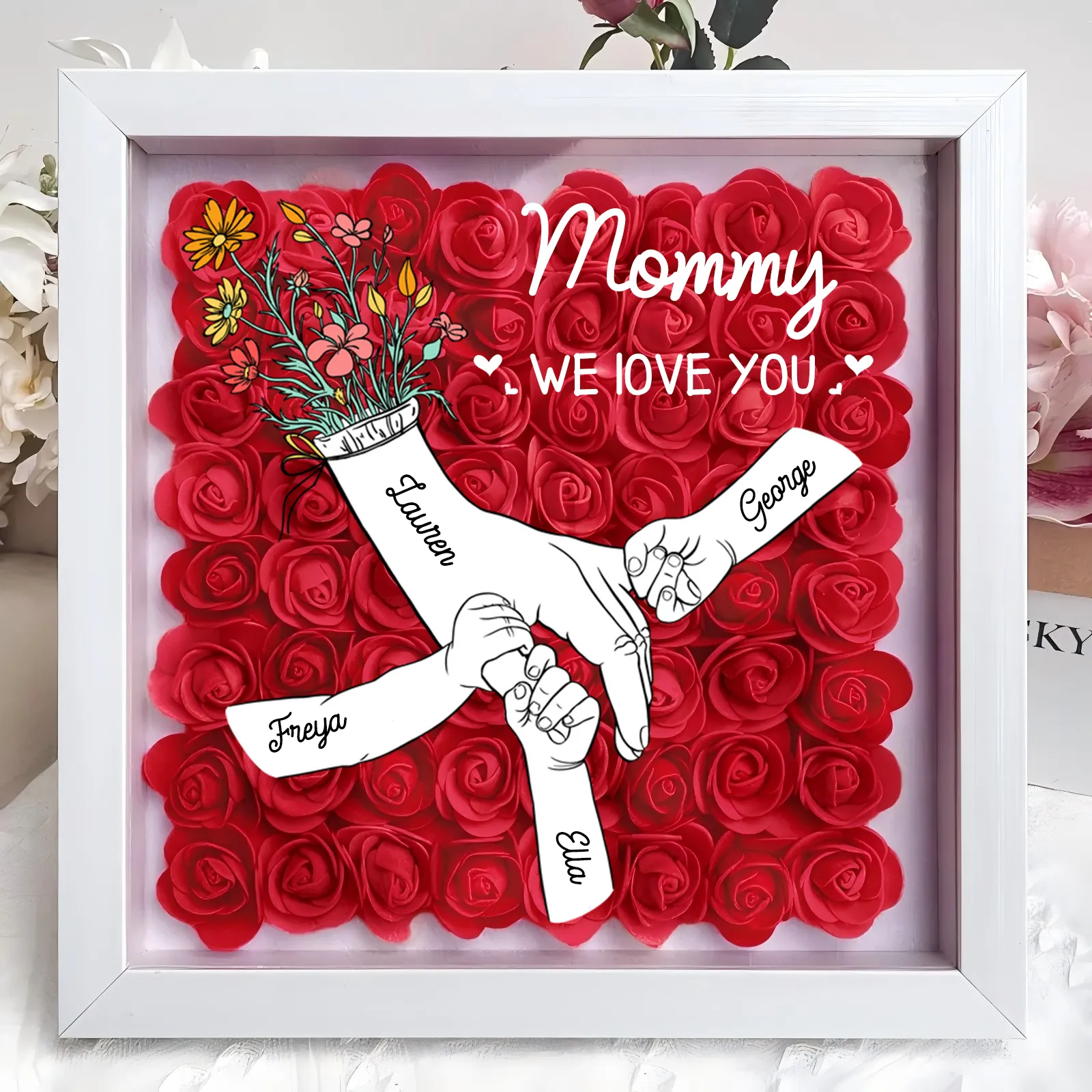 We Love You Mummy Hand Holding - Personalized Flower Shadow Box