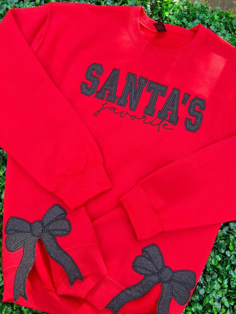 Custom Santa’s Favorite Embroidered Glitter Side Bow Sweatshirt