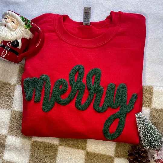 Custom Chenille Yarn Embroidery Merry Sweatshirt