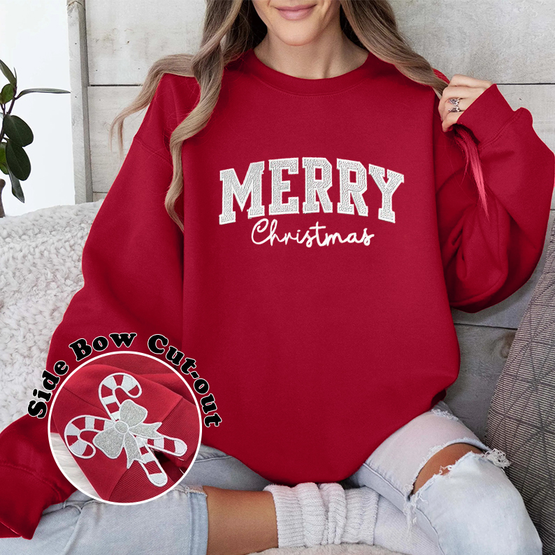 Candy Cane Bean Stitch Applique Side Bow Embroidery Sweatshirt / Christmas Bow Sweatshirt / Glitter Christmas Sweatshirt