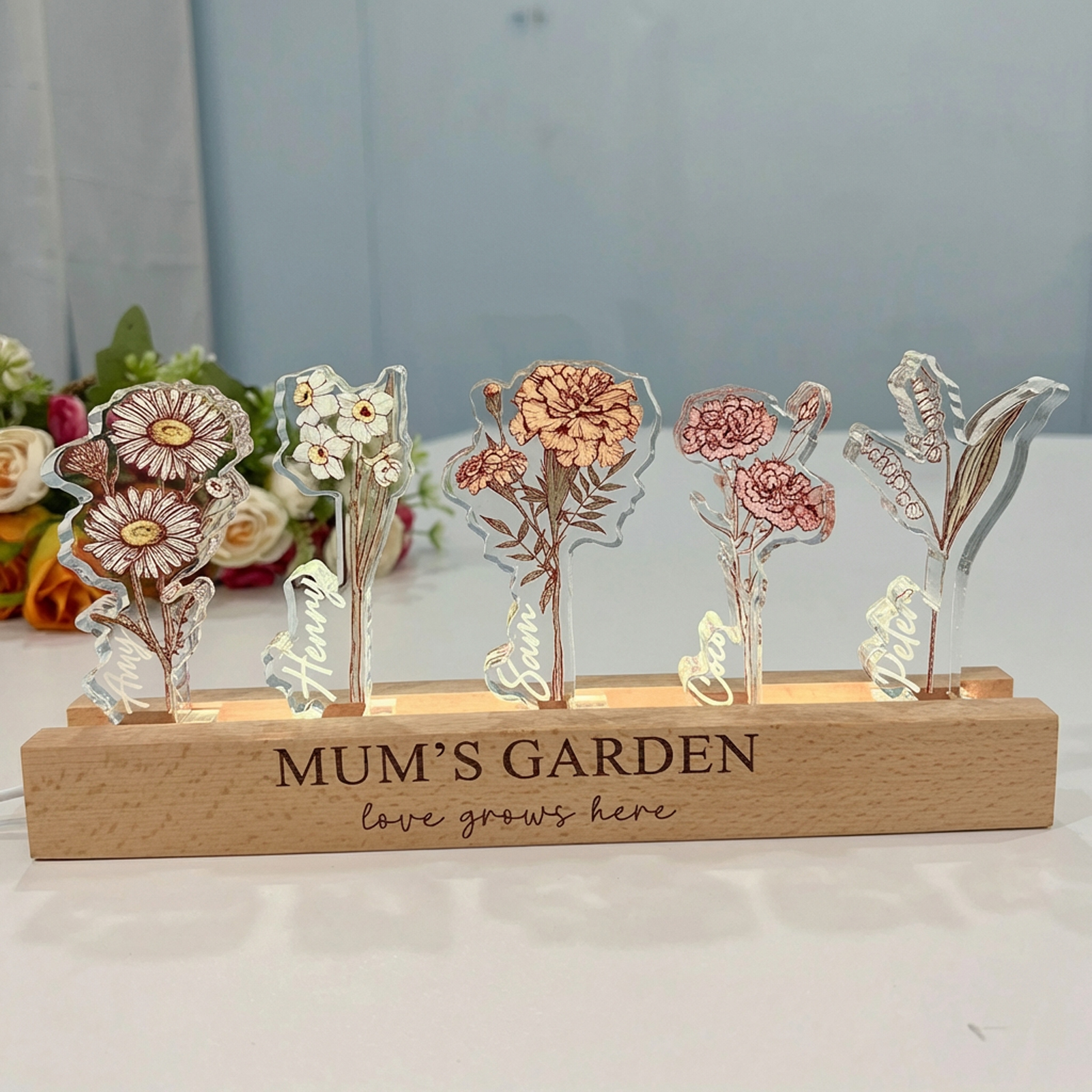 Custom Birth Flower 3D Crystal Acrylic LED Light With Children's Names