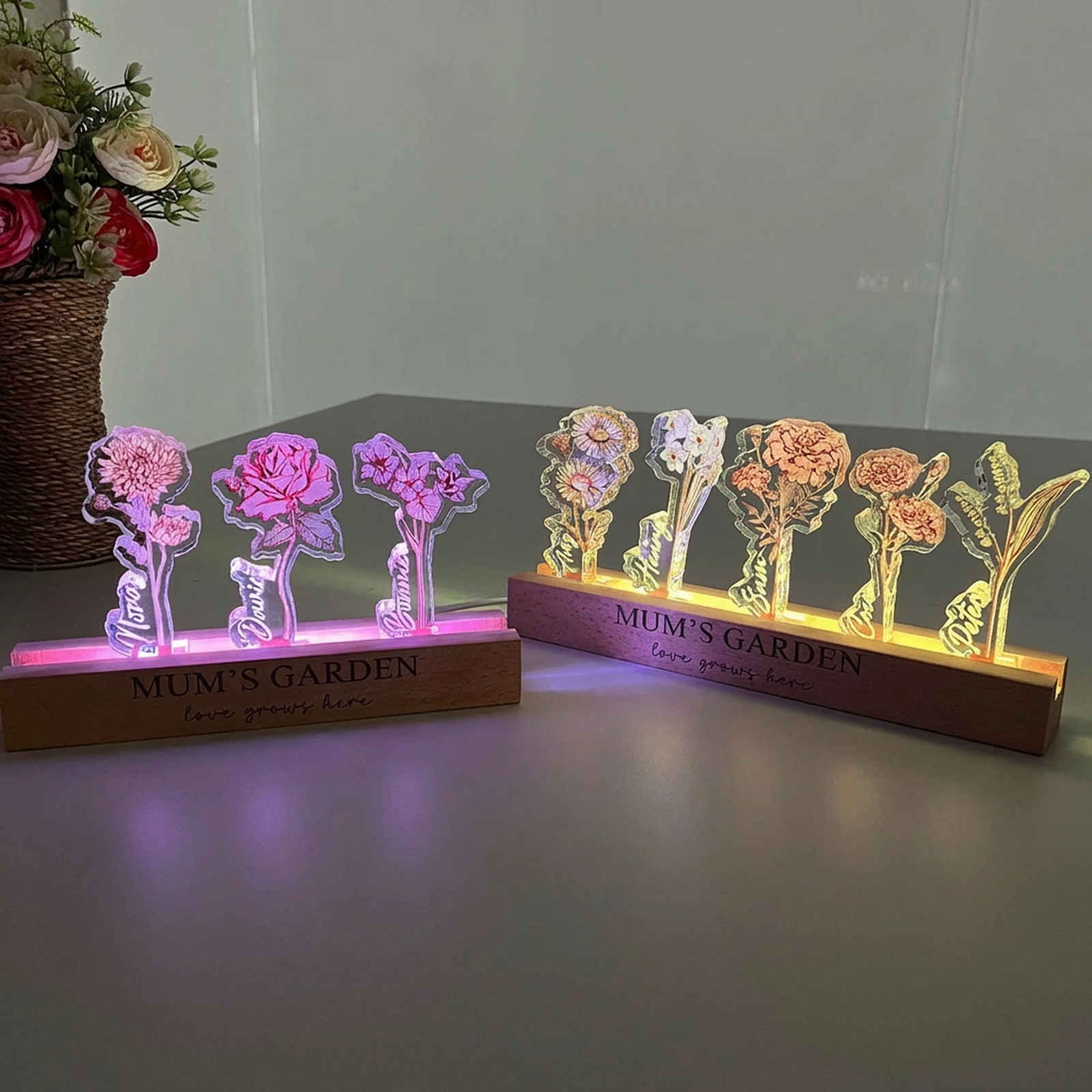 Custom Birth Flower 3D Crystal Acrylic LED Light With Children's Names