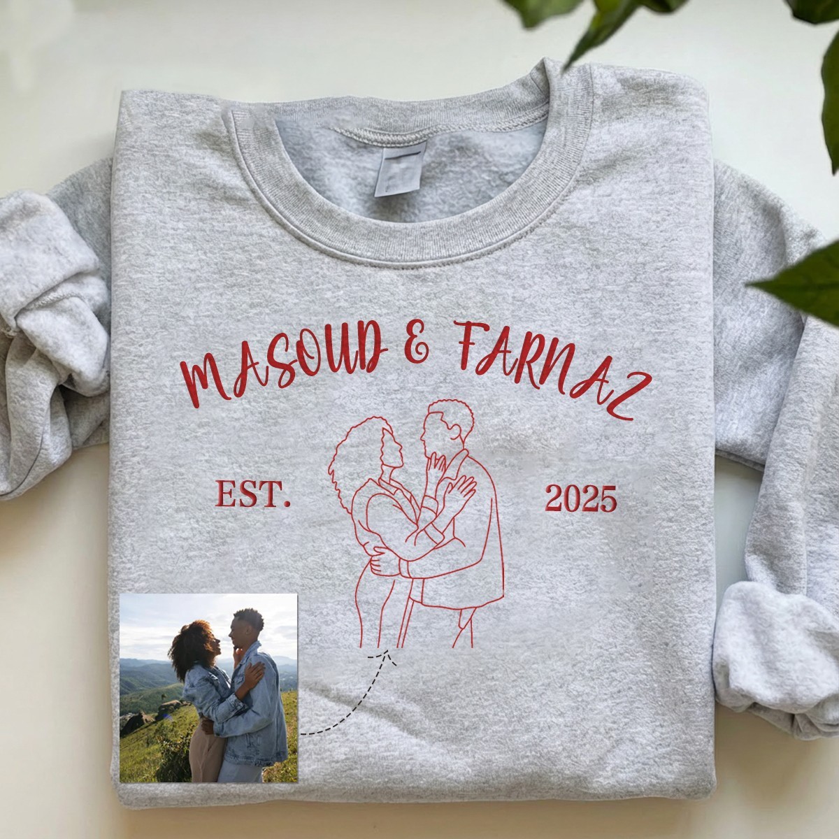Custom Couple Outline Photo And Name Embroidered Sweatshirts