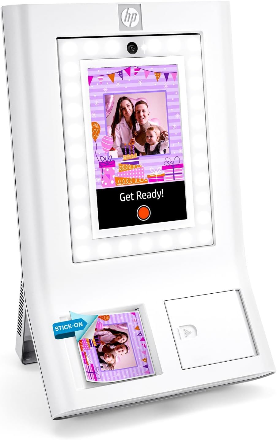 HP Sprocket Photobooth 3x4" Colour Photo Printer (White) – 250+ Frame, Zink Paper, WiFi, LED Ring Light, Touch Screen & Mobile App.