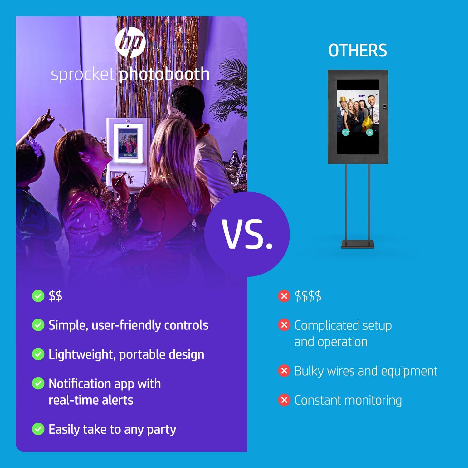 HP Sprocket Photobooth 3x4" Colour Photo Printer (White) – 250+ Frame, Zink Paper, WiFi, LED Ring Light, Touch Screen & Mobile App.