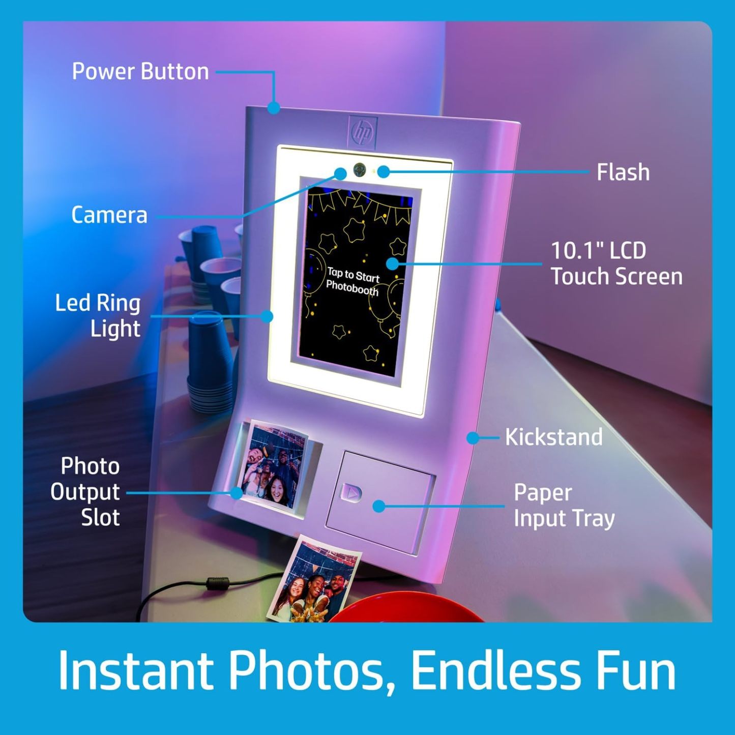 HP Sprocket Photobooth 3x4" Colour Photo Printer (White) – 250+ Frame, Zink Paper, WiFi, LED Ring Light, Touch Screen & Mobile App.