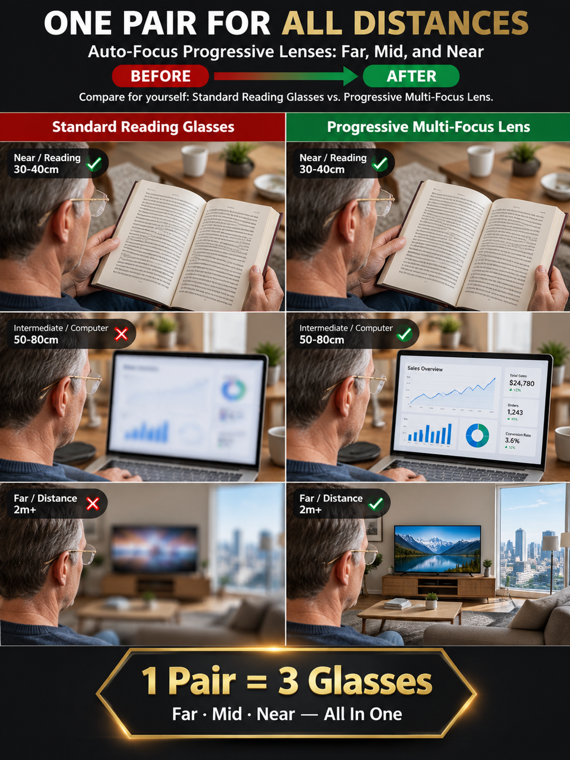 Ditch the extra pairs: Real-time, auto-focus smart glasses that adapt to your vision instantly.