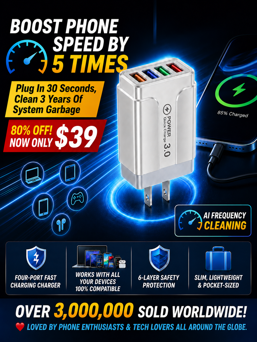 【Immediately Boost Phone Speed】Four-Port Fast Charging Charger From Germany