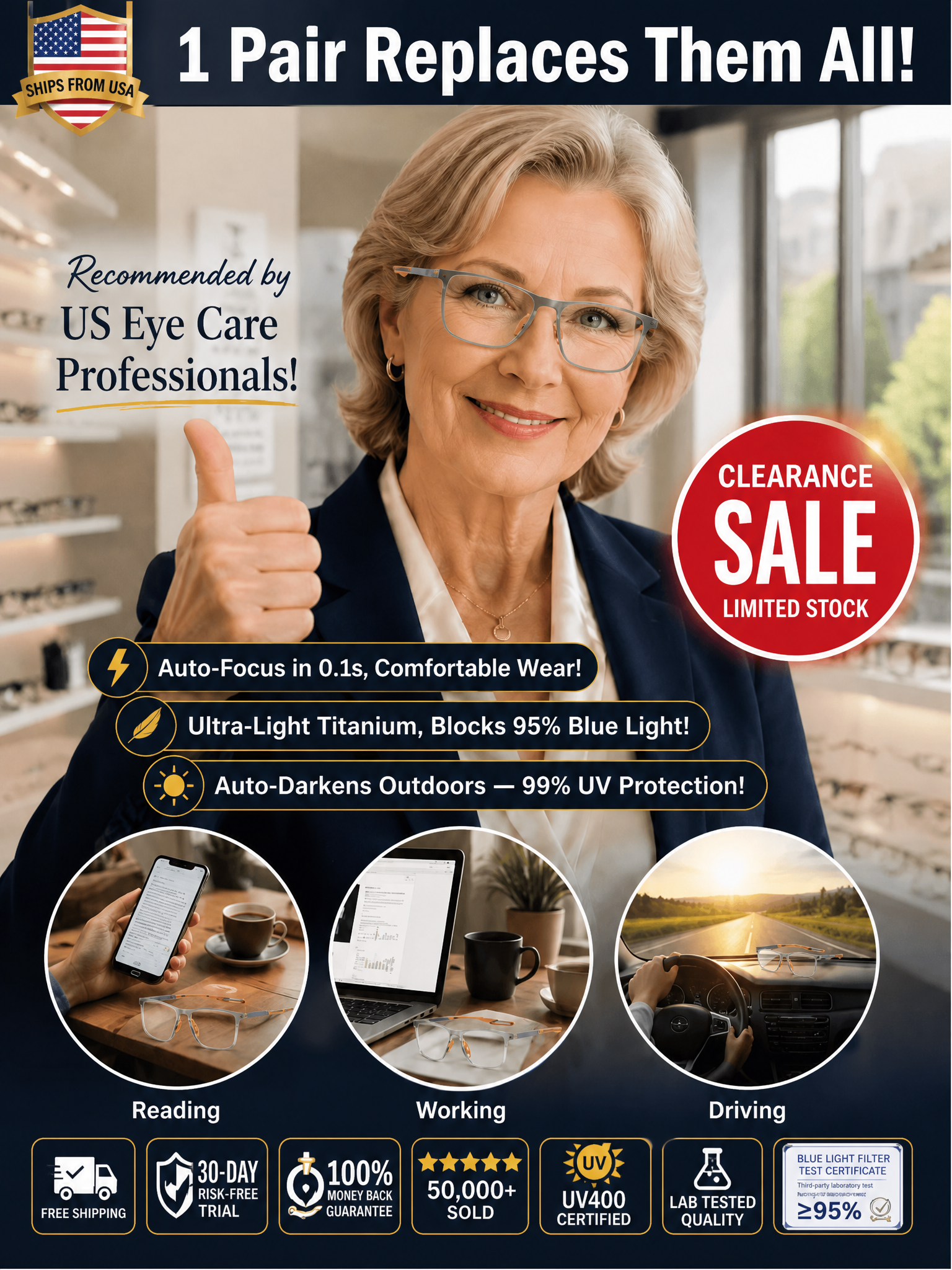 Photochromic multifocal reading glasses